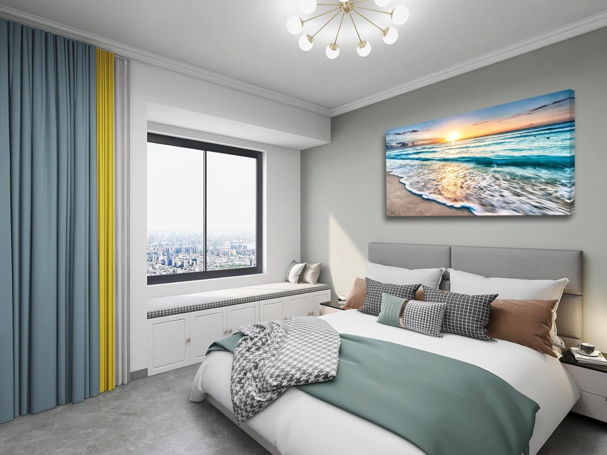 Canvas Prints Wall Art Beach Sunset Ocean Waves Nature Pictures Stretched Canvas Wooden Framed for living Room Bedroom and Office, 16x24in