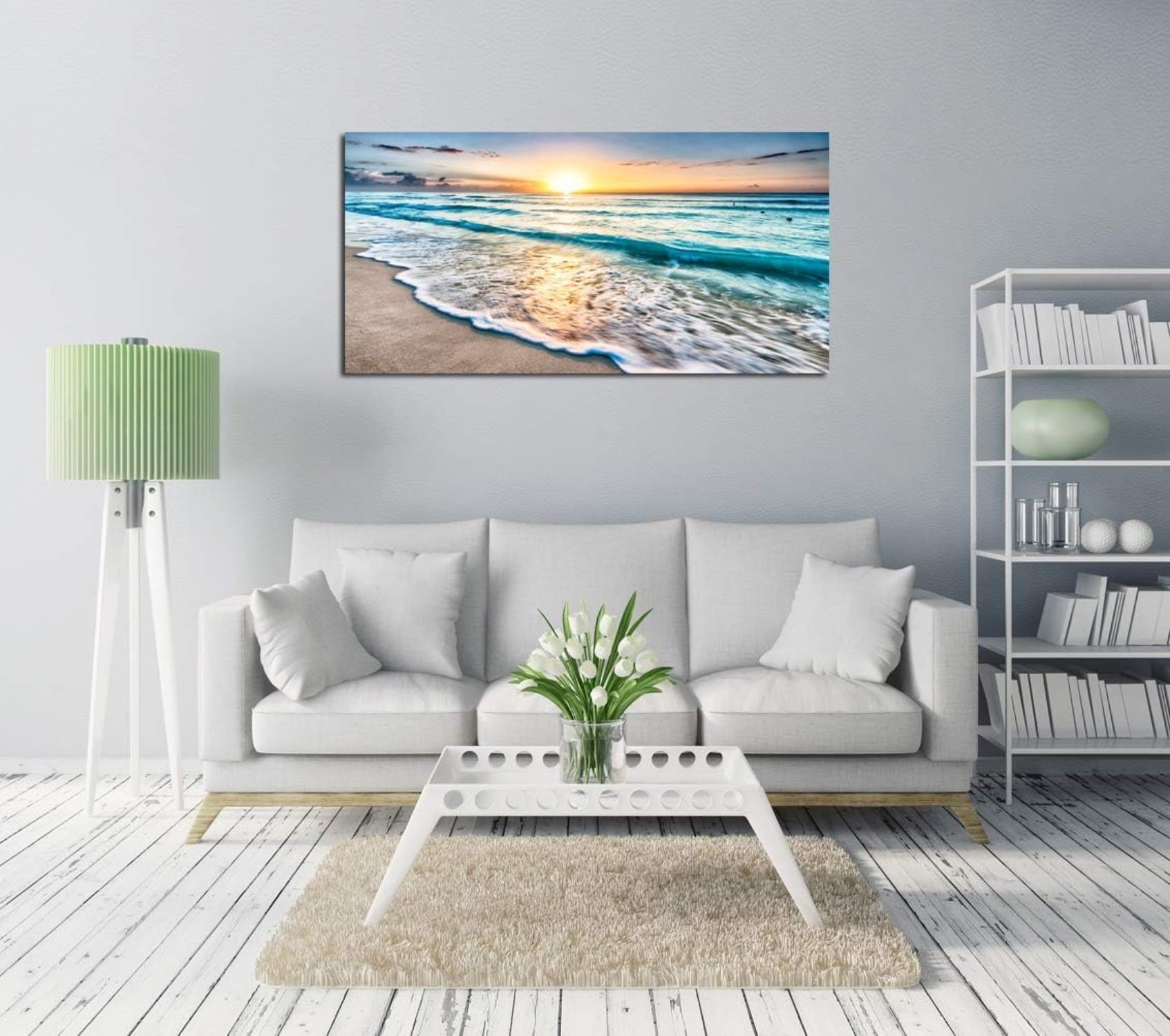 Canvas Prints Wall Art Beach Sunset Ocean Waves Nature Pictures Stretched Canvas Wooden Framed for living Room Bedroom and Office, 16x24in