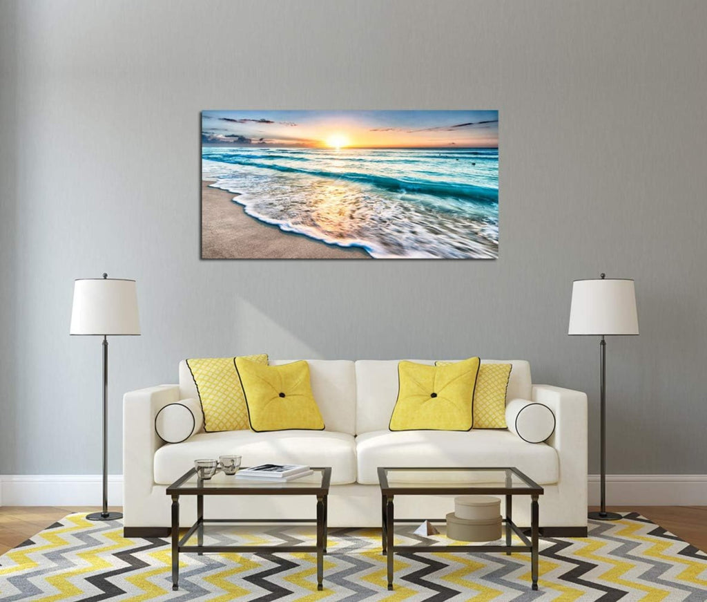 Canvas Prints Wall Art Beach Sunset Ocean Waves Nature Pictures Stretched Canvas Wooden Framed for living Room Bedroom and Office, 16x24in