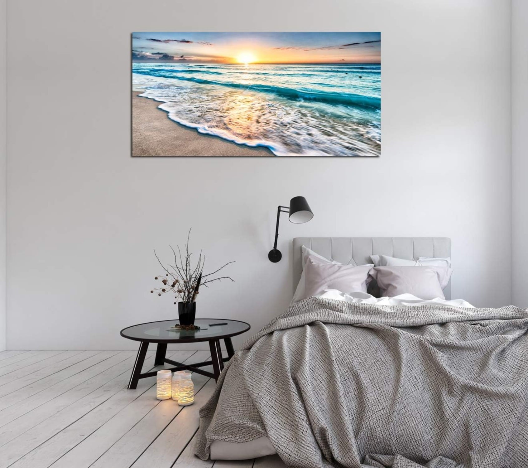 Canvas Prints Wall Art Beach Sunset Ocean Waves Nature Pictures Stretched Canvas Wooden Framed for living Room Bedroom and Office, 16x24in
