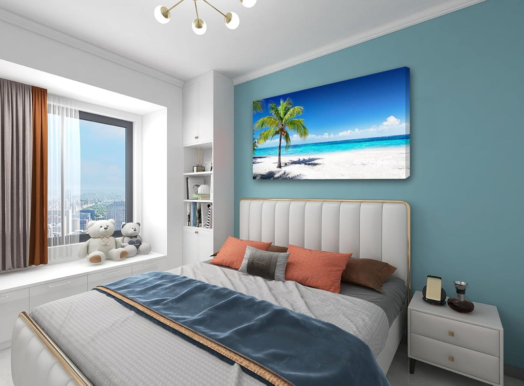 Canvas Prints Wall Art Beach Sunset Ocean Waves Nature Pictures Stretched Canvas Wooden Framed for living Room Bedroom and Office, 16x24in