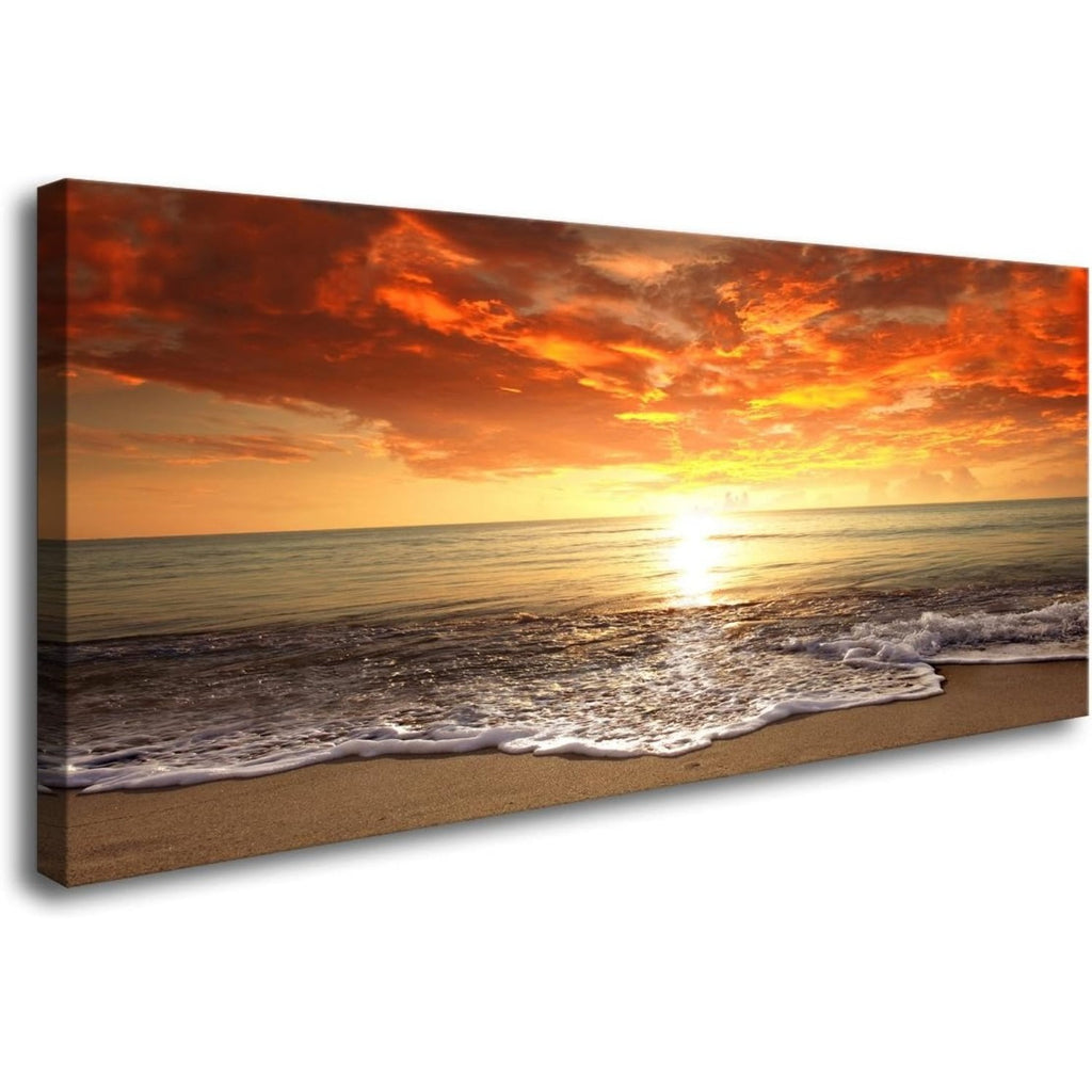 Canvas Prints Wall Art Beach Sunset Ocean Waves Nature Pictures Stretched Canvas Wooden Framed for living Room Bedroom and Office, 16x24in