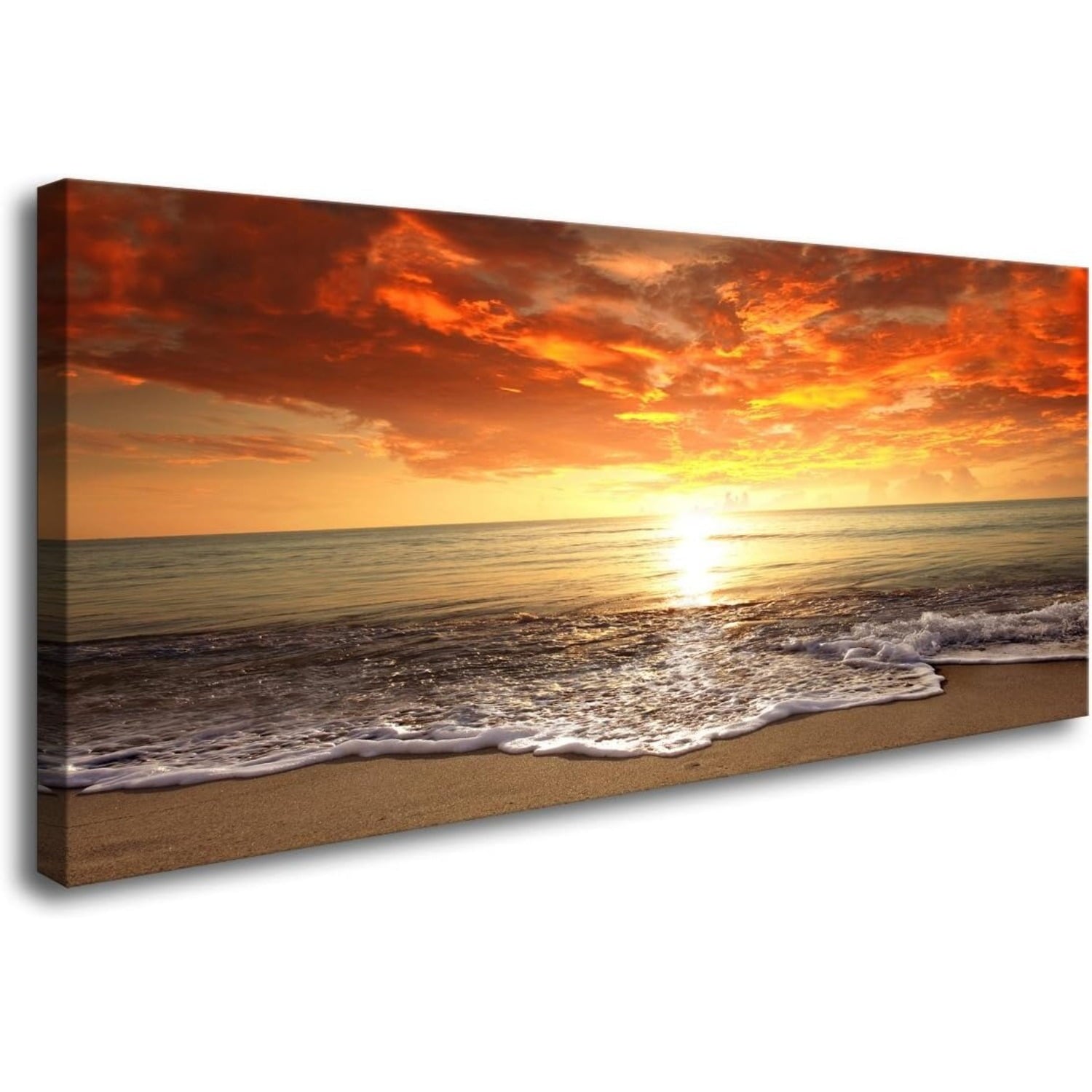 Canvas Prints Wall Art Beach Sunset Ocean Waves Nature Pictures Stretched Canvas Wooden Framed for living Room Bedroom and Office, 16x24in