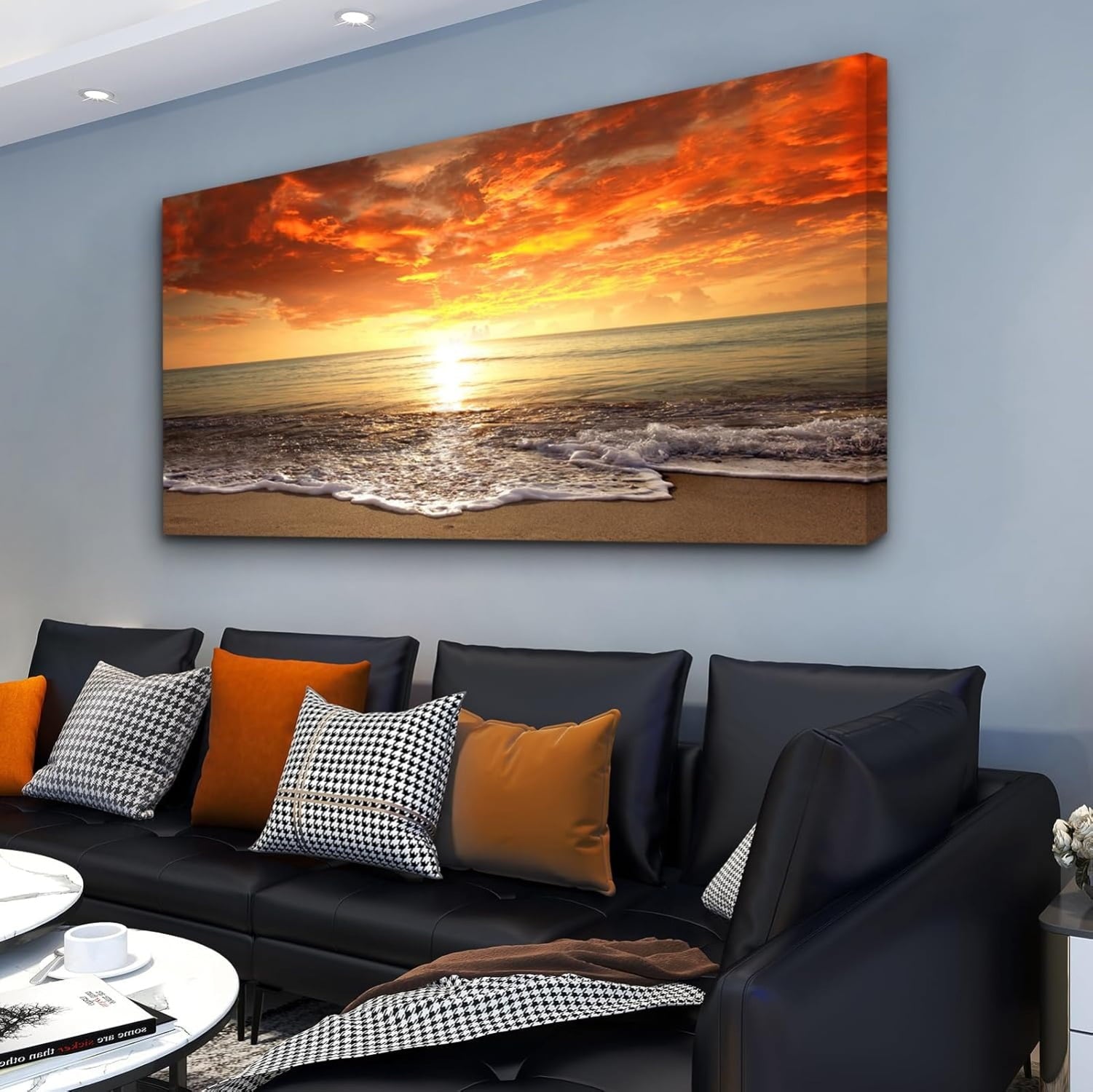 Canvas Prints Wall Art Beach Sunset Ocean Waves Nature Pictures Stretched Canvas Wooden Framed for living Room Bedroom and Office, 16x24in