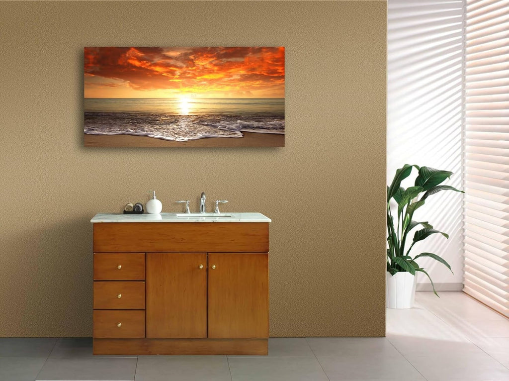 Canvas Prints Wall Art Beach Sunset Ocean Waves Nature Pictures Stretched Canvas Wooden Framed for living Room Bedroom and Office, 16x24in