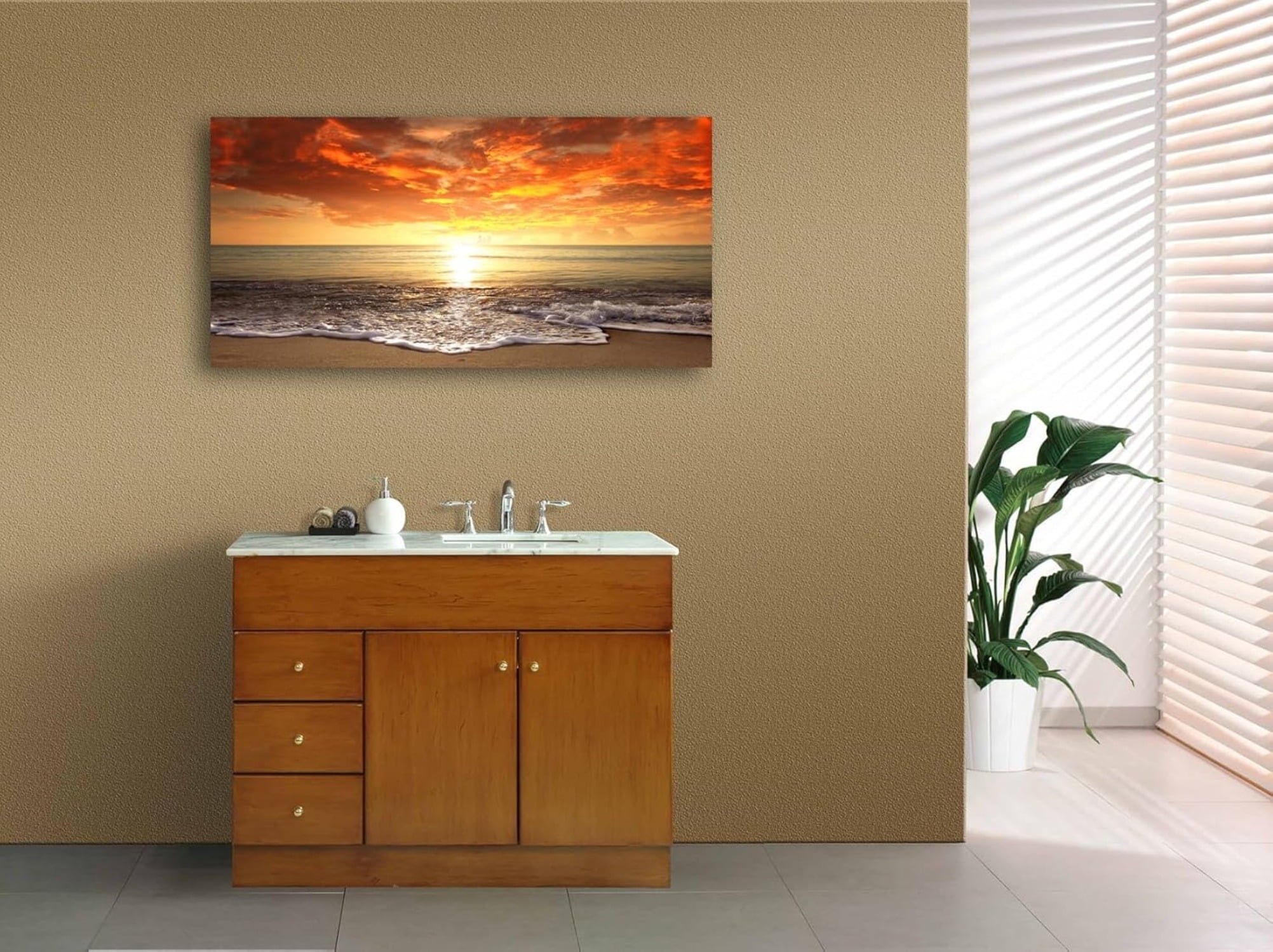 Canvas Prints Wall Art Beach Sunset Ocean Waves Nature Pictures Stretched Canvas Wooden Framed for living Room Bedroom and Office, 16x24in
