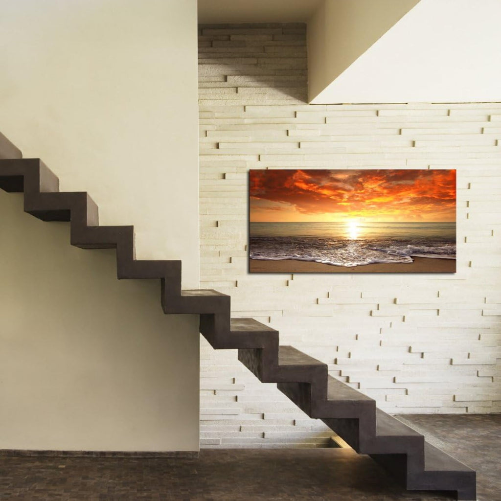 Canvas Prints Wall Art Beach Sunset Ocean Waves Nature Pictures Stretched Canvas Wooden Framed for living Room Bedroom and Office, 16x24in