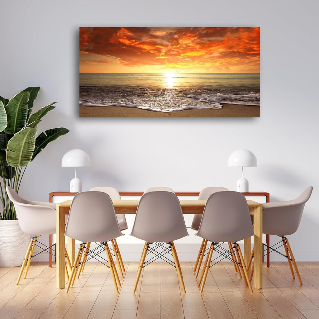Canvas Prints Wall Art Beach Sunset Ocean Waves Nature Pictures Stretched Canvas Wooden Framed for living Room Bedroom and Office, 16x24in