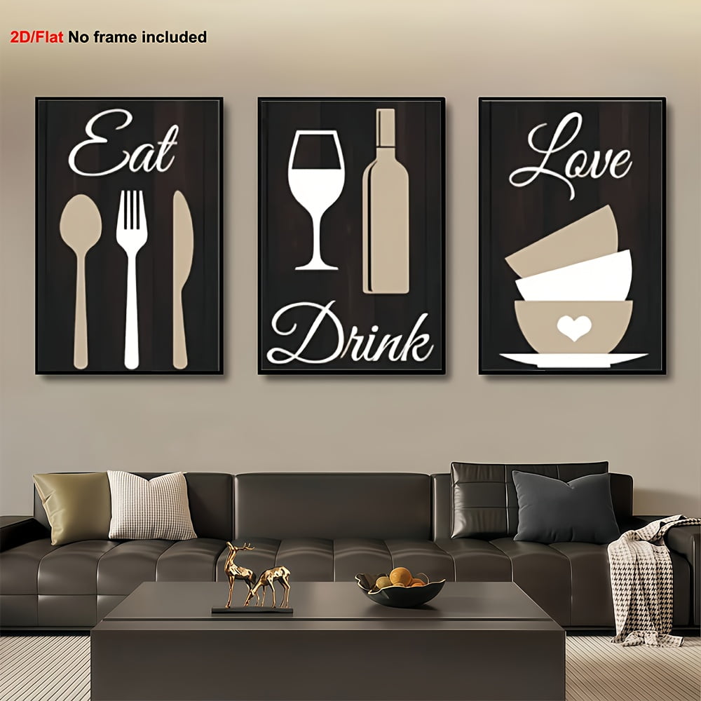 2D Flat, 3pcs, 2D Frameless Canvas Wall Art, Classic Modern Minimalist Tableware and Dining Theme Decorative Paintings for Independence Day &amp; Graduation Season Gifts, Country Wall Art, Kitchen Wall