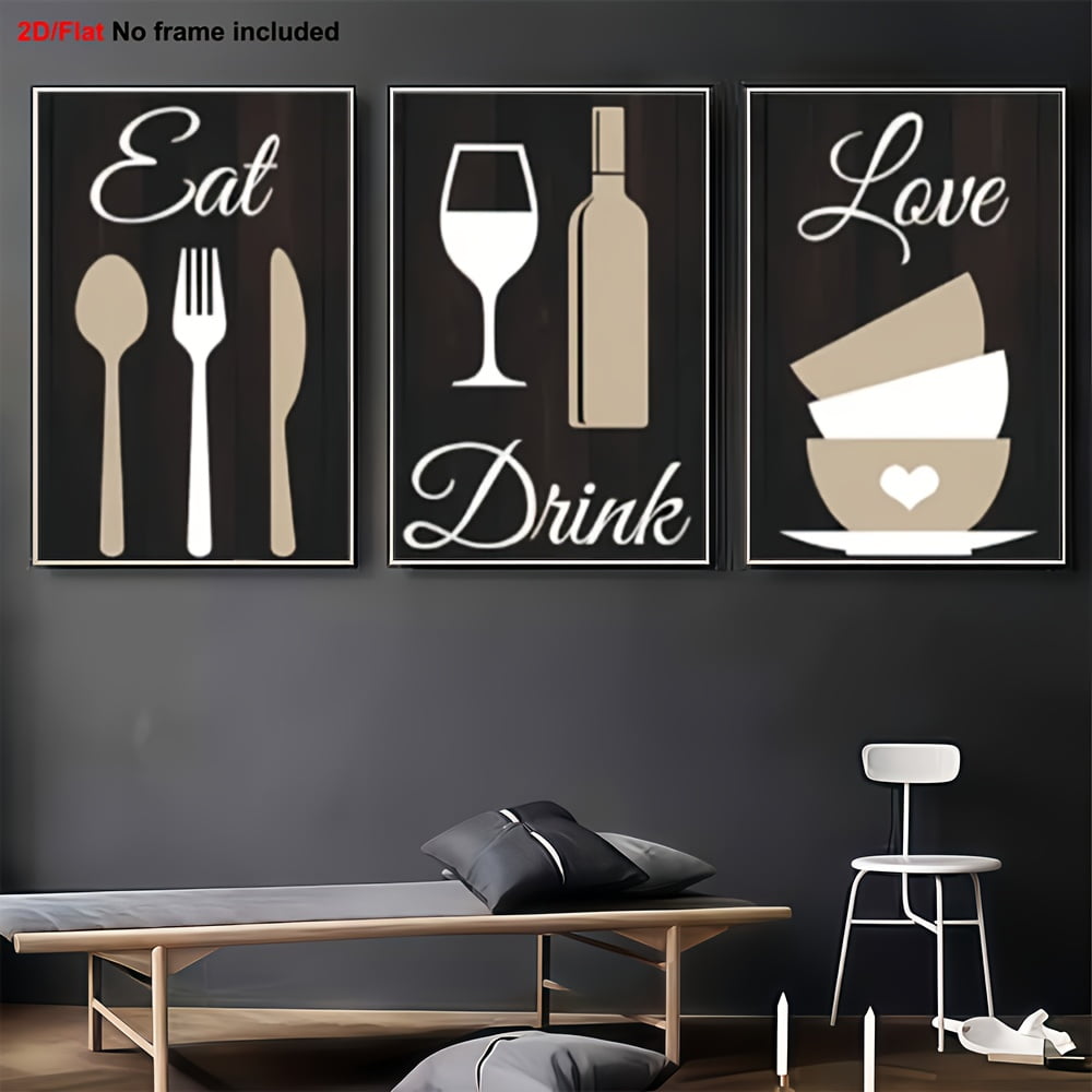 2D Flat, 3pcs, 2D Frameless Canvas Wall Art, Classic Modern Minimalist Tableware and Dining Theme Decorative Paintings for Independence Day &amp; Graduation Season Gifts, Country Wall Art, Kitchen Wall