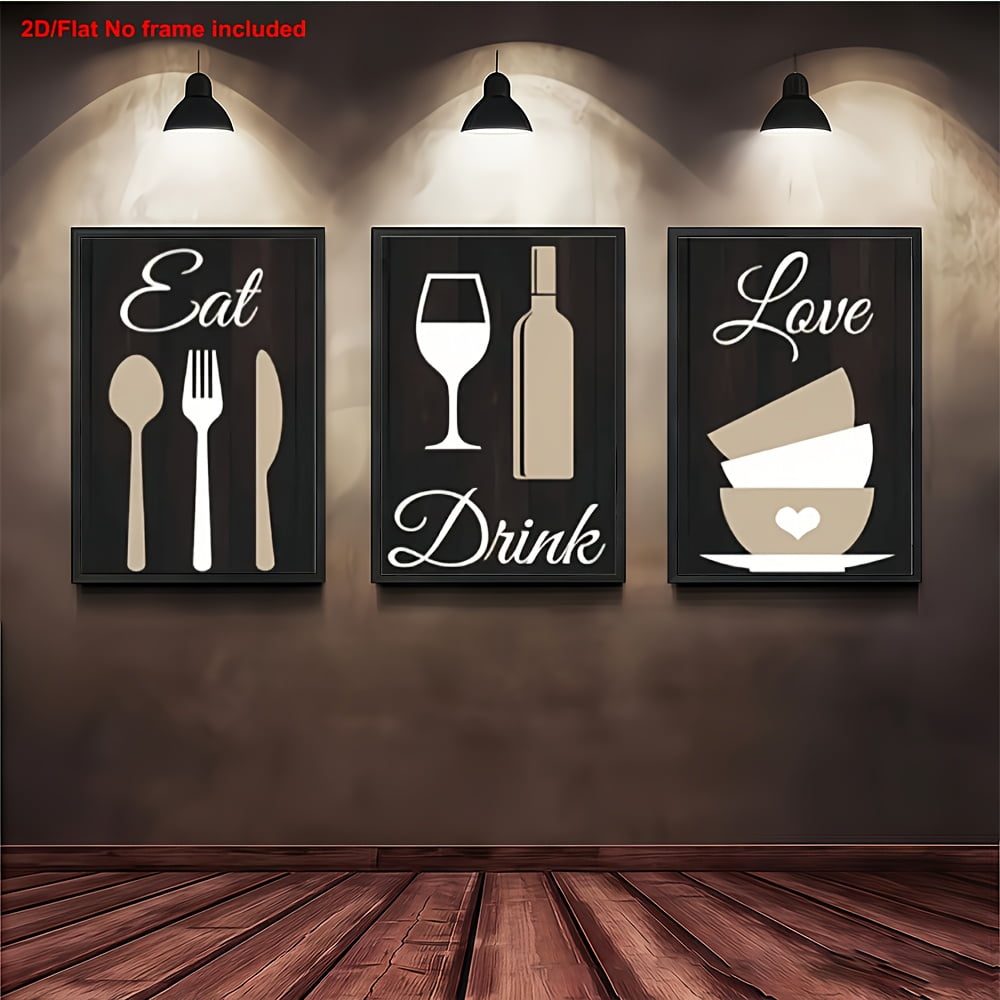 2D Flat, 3pcs, 2D Frameless Canvas Wall Art, Classic Modern Minimalist Tableware and Dining Theme Decorative Paintings for Independence Day &amp; Graduation Season Gifts, Country Wall Art, Kitchen Wall