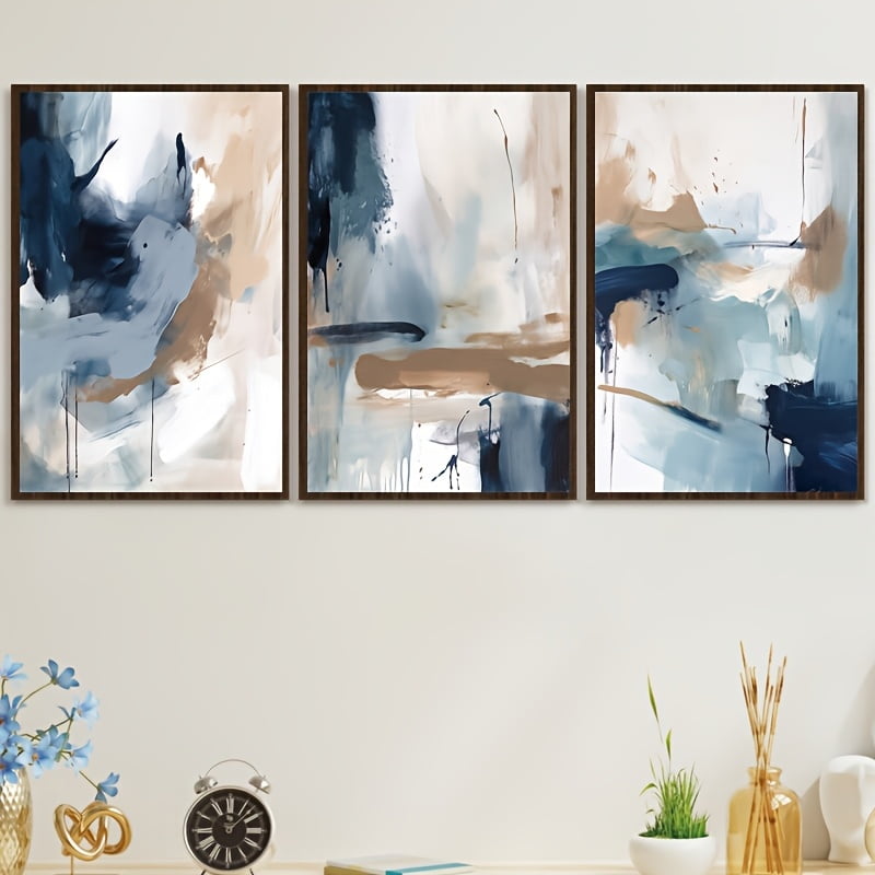 3-Piece Abstract Navy Blue Canvas Print Set, Modern Minimalist Frameless Wall Art Posters for Home and Living Room Decor