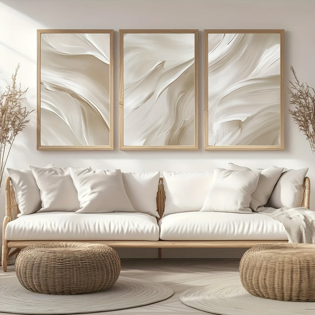 Beige Abstract Posters Print Set of 3, White Brush Strokes Wall arts Neutral Soft Tones Minimalist Bedroom Living Room Wall Art Decor, Modern Neutral Beige 2D Abstract Ornate Wall Decor for Living R