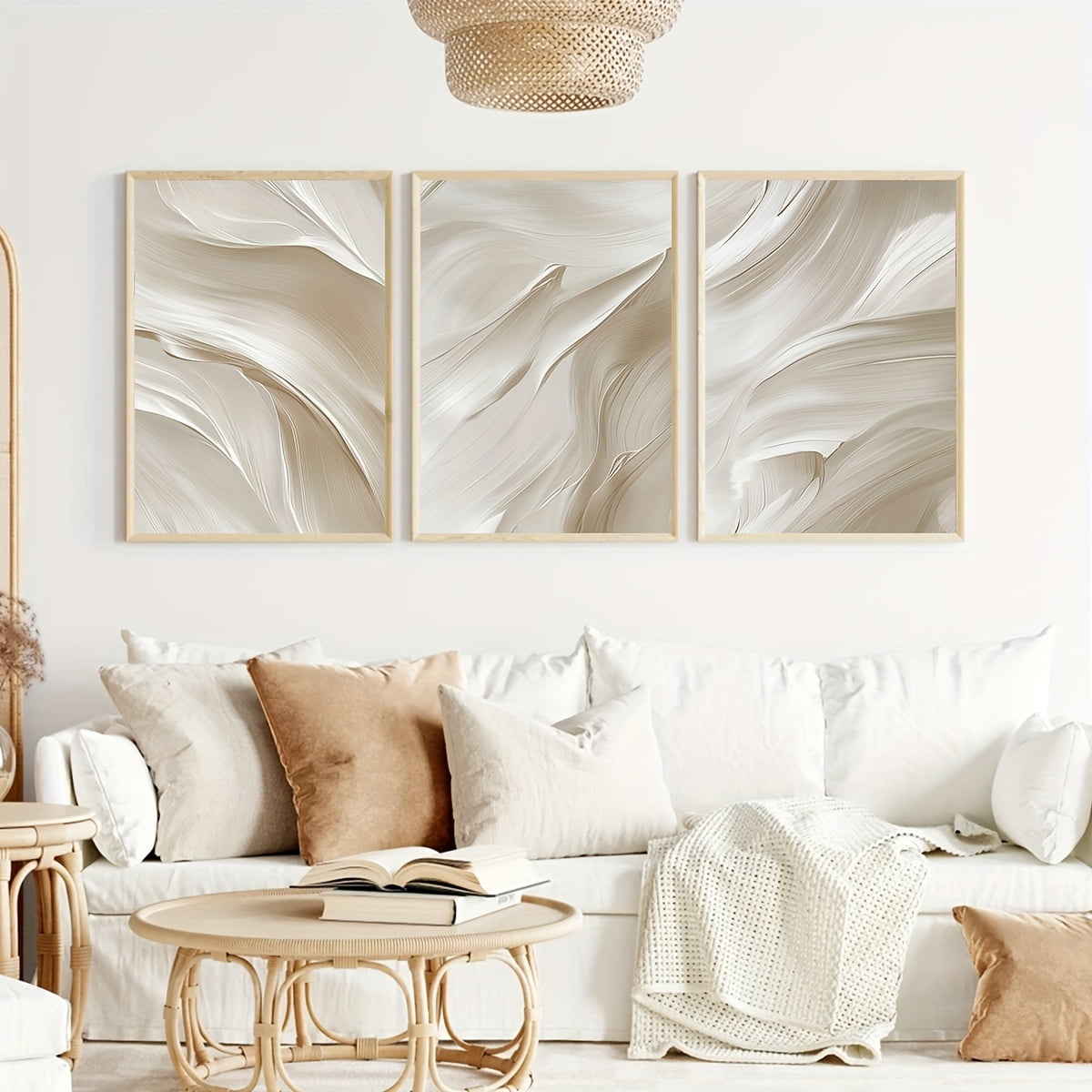 Beige Abstract Posters Print Set of 3, White Brush Strokes Wall arts Neutral Soft Tones Minimalist Bedroom Living Room Wall Art Decor, Modern Neutral Beige 2D Abstract Ornate Wall Decor for Living R