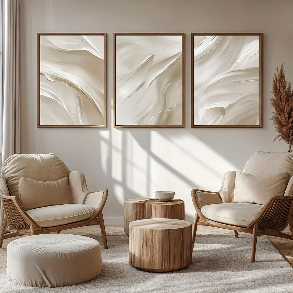 Beige Abstract Posters Print Set of 3, White Brush Strokes Wall arts Neutral Soft Tones Minimalist Bedroom Living Room Wall Art Decor, Modern Neutral Beige 2D Abstract Ornate Wall Decor for Living R