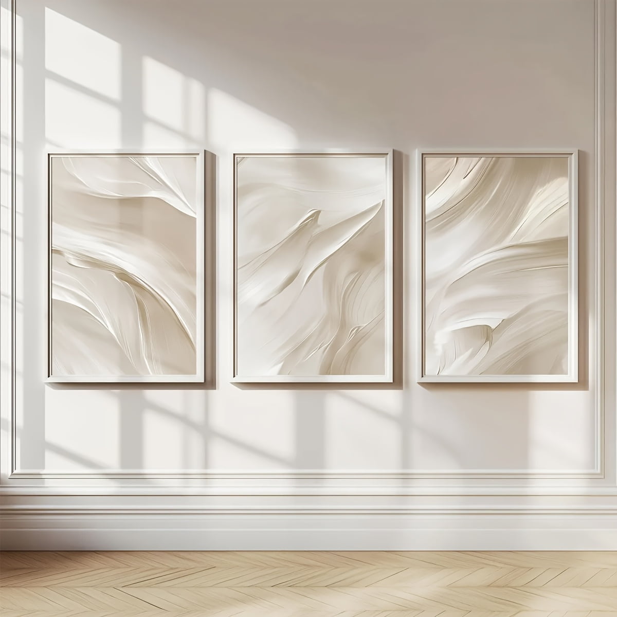 Beige Abstract Posters Print Set of 3, White Brush Strokes Wall arts Neutral Soft Tones Minimalist Bedroom Living Room Wall Art Decor, Modern Neutral Beige 2D Abstract Ornate Wall Decor for Living R