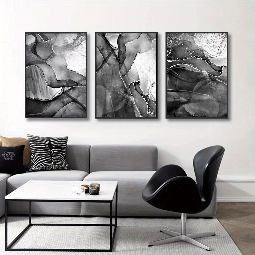 3pcs Modern Gray and Black Marble Abstract Canvas Art Prints – Frameless Wall Decor for Living Room, Bedroom, or Office, Contemporary Nordic Style