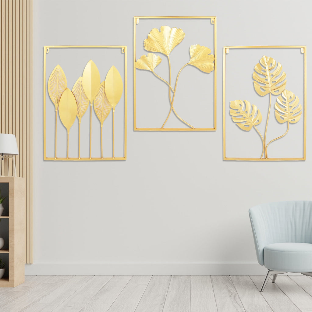 3 Pack Gold Metal Wall Art Large Leaf Frame Accent Leaves Wall Decor Home Gold for Bedrooms, Dressing Rooms