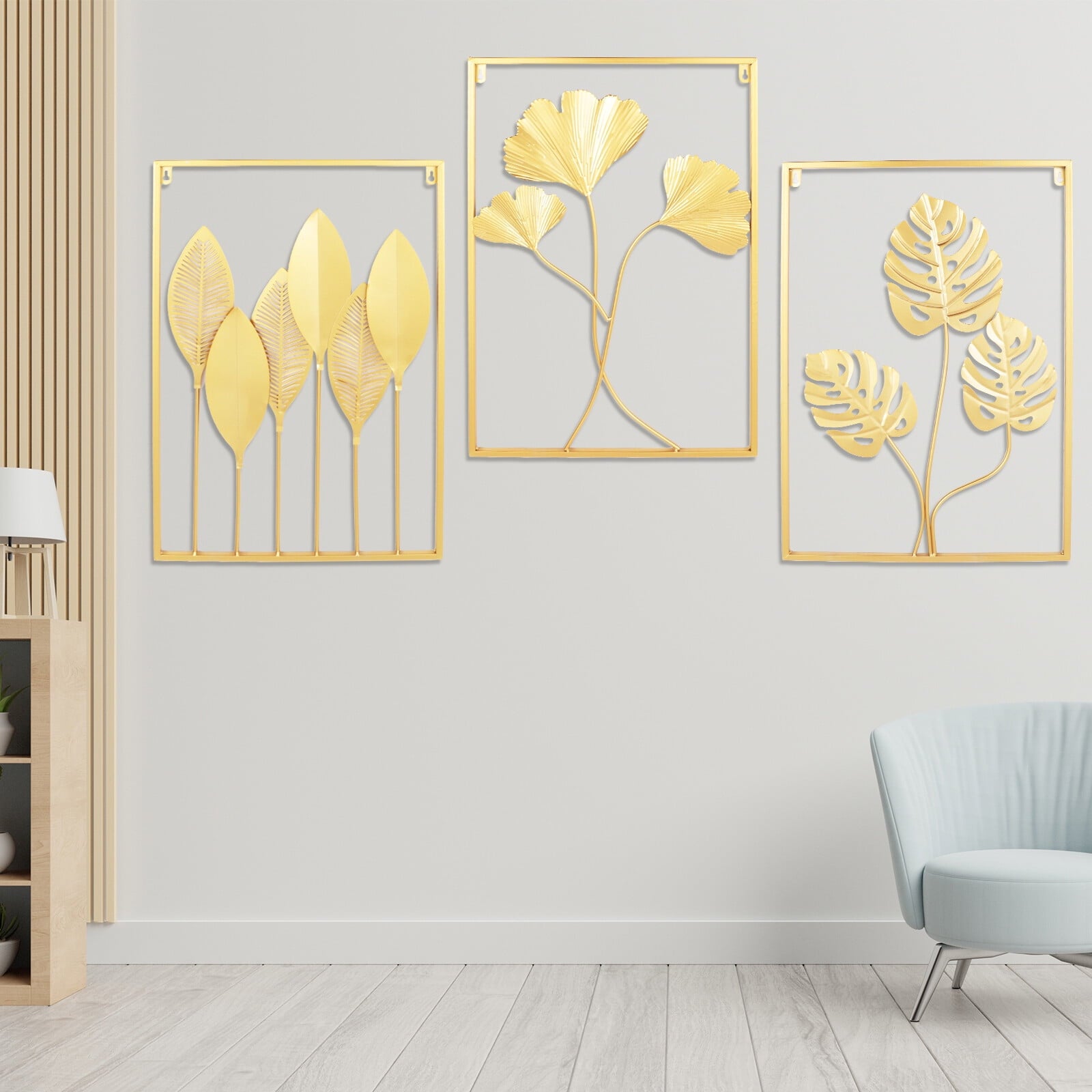 3 Pack Gold Metal Wall Art Large Leaf Frame Accent Leaves Wall Decor Home Gold for Bedrooms, Dressing Rooms