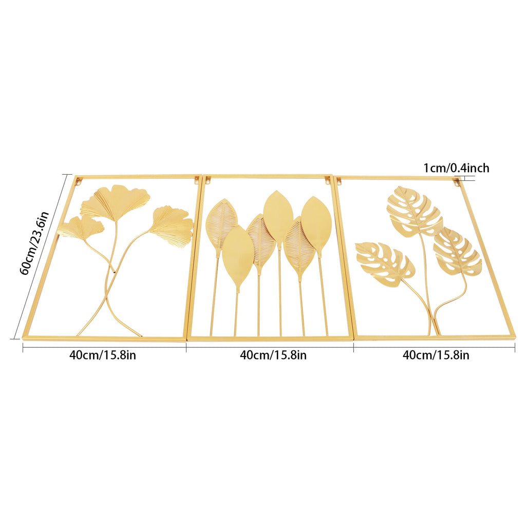 3 Pack Gold Metal Wall Art Large Leaf Frame Accent Leaves Wall Decor Home Gold for Bedrooms, Dressing Rooms