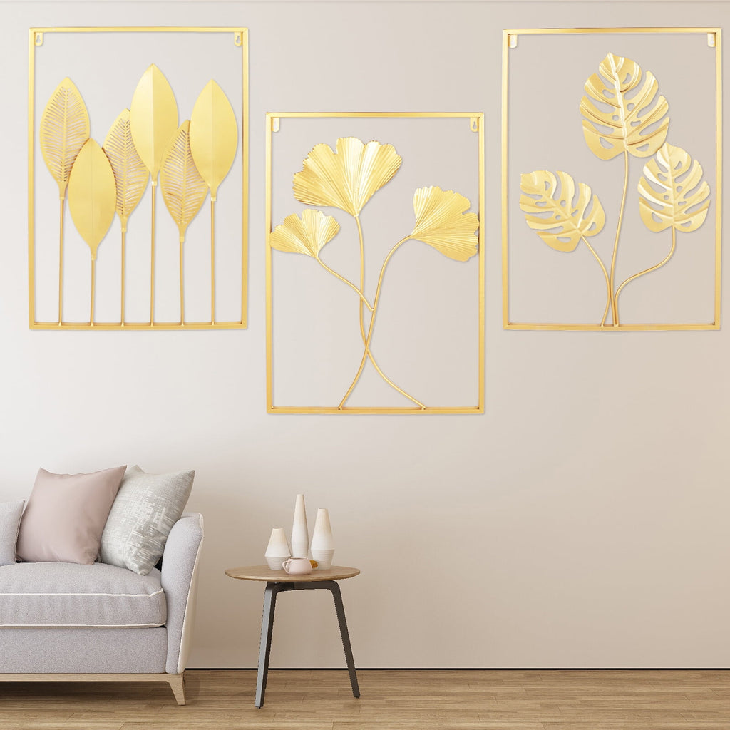 3 Pack Gold Metal Wall Art Large Leaf Frame Accent Leaves Wall Decor Home Gold for Bedrooms, Dressing Rooms