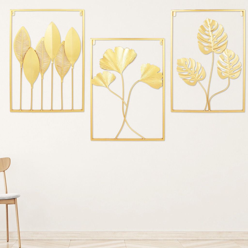 3 Pack Gold Metal Wall Art Large Leaf Frame Accent Leaves Wall Decor Home Gold for Bedrooms, Dressing Rooms