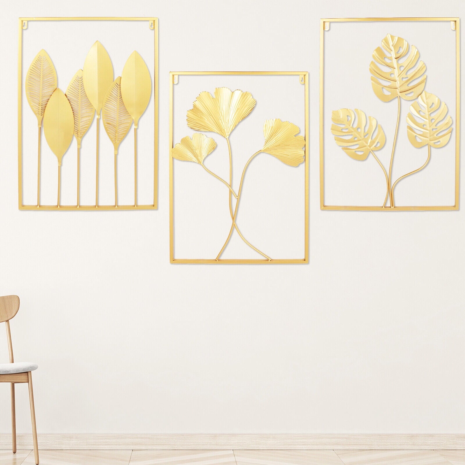 3 Pack Gold Metal Wall Art Large Leaf Frame Accent Leaves Wall Decor Home Gold for Bedrooms, Dressing Rooms