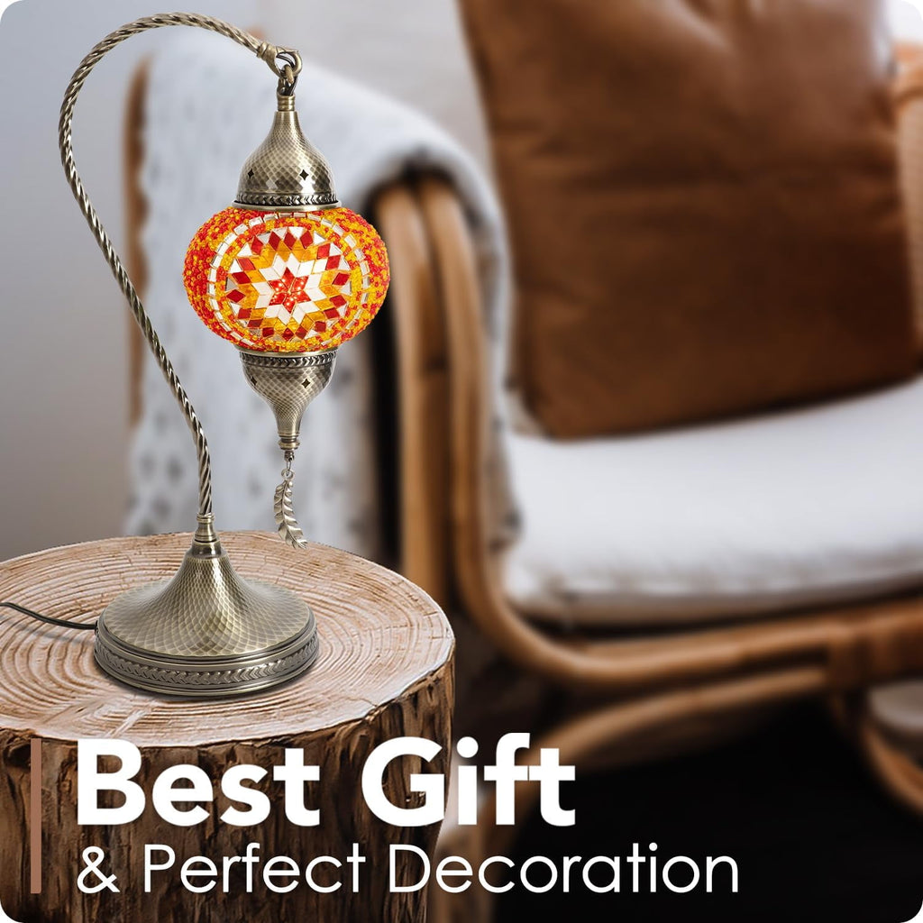 Turkish Moroccan Mosaic Table Lamp with Bronze Base - 3 Color Options Handmade Swan Neck Tiffany Mosaic Glass Bedside Lamps for Bedroom, 19"