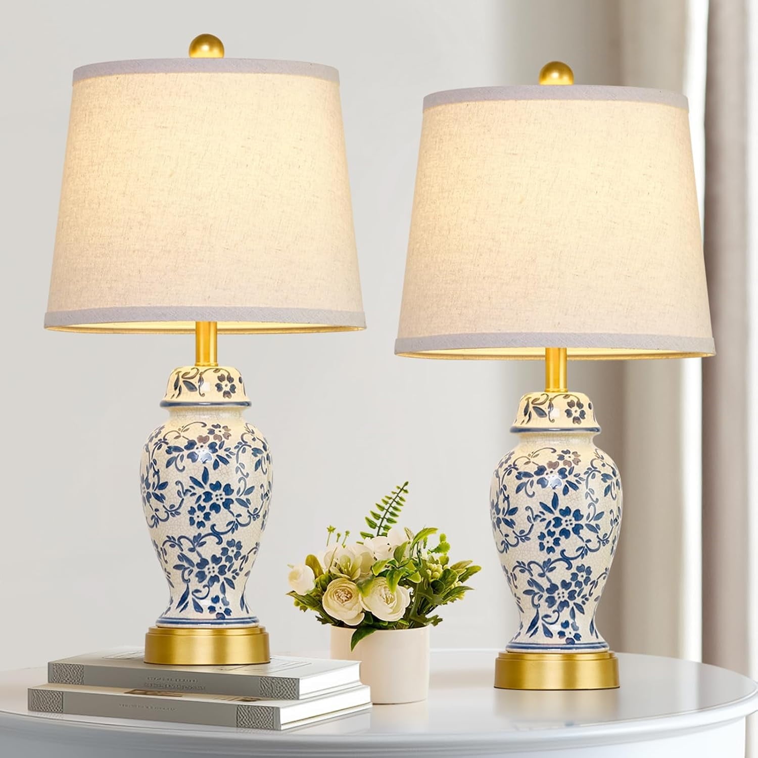 Ceramic Table Lamps Set of 2 for Living Room Bedroom Bedside, Traditional Blue and White Porcelain Classic Table Lamp for Nightstand Entryway, 2 LED Bulbs Included (Gold)