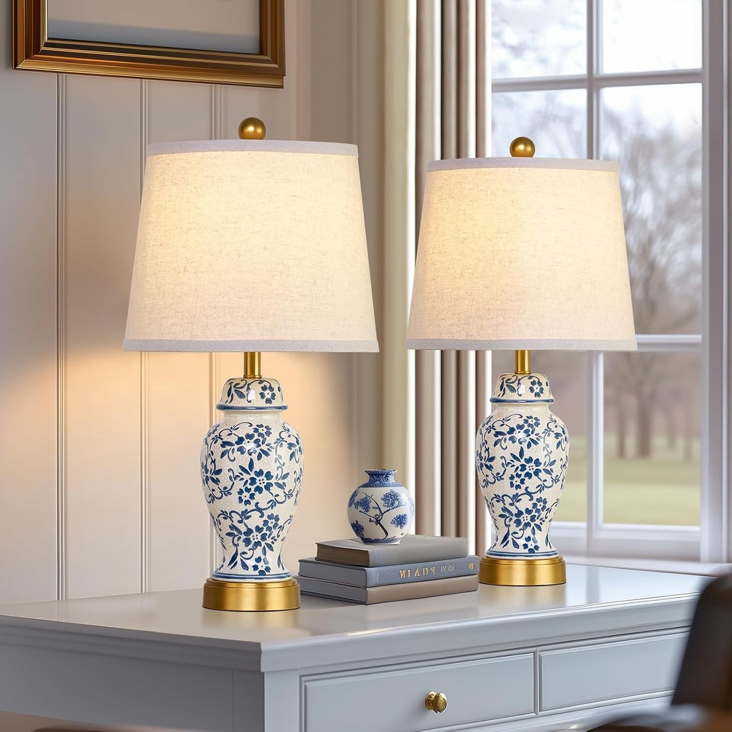 Ceramic Table Lamps Set of 2 for Living Room Bedroom Bedside, Traditional Blue and White Porcelain Classic Table Lamp for Nightstand Entryway, 2 LED Bulbs Included (Gold)