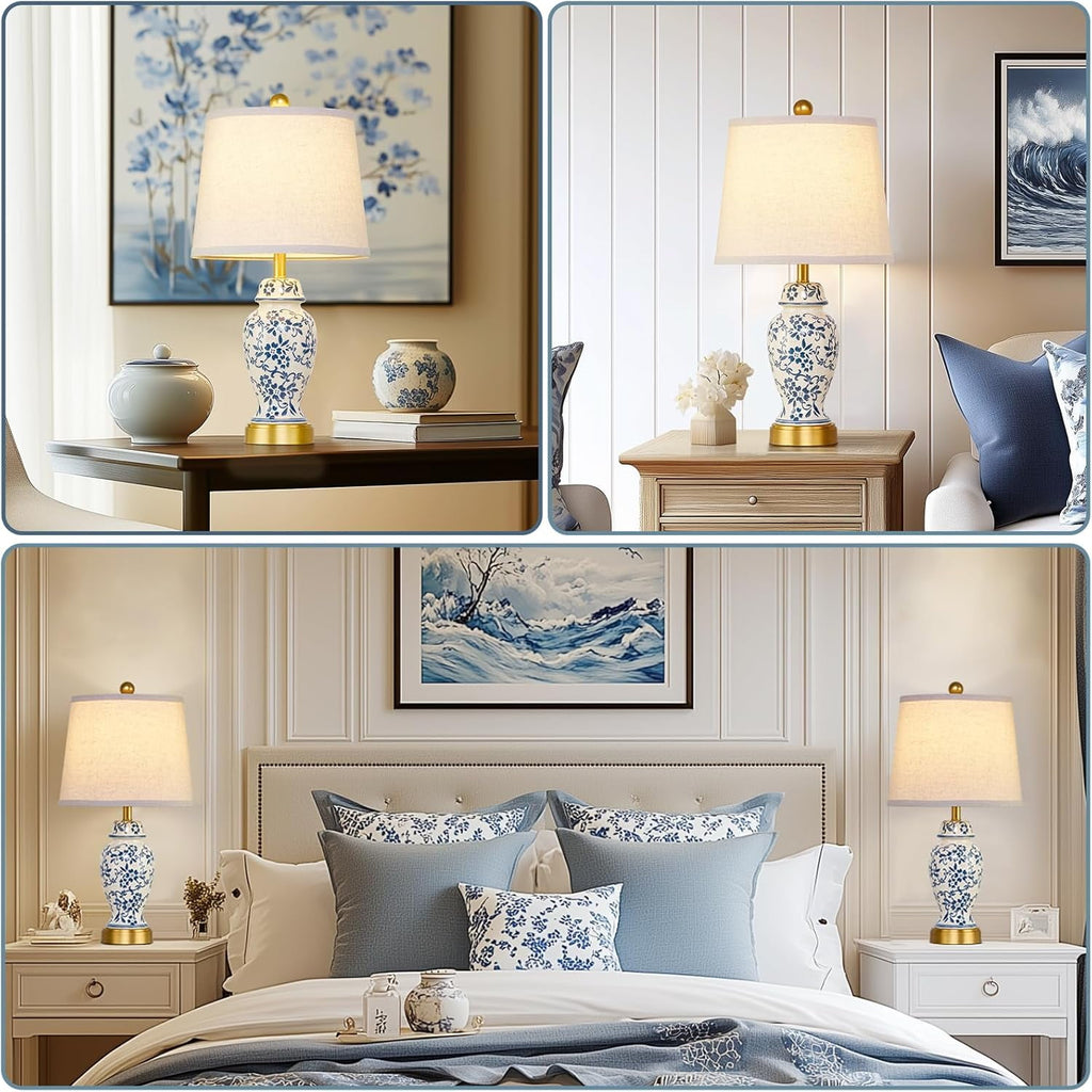 Ceramic Table Lamps Set of 2 for Living Room Bedroom Bedside, Traditional Blue and White Porcelain Classic Table Lamp for Nightstand Entryway, 2 LED Bulbs Included (Gold)