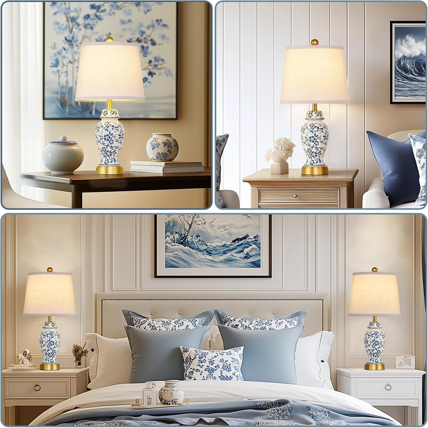 Ceramic Table Lamps Set of 2 for Living Room Bedroom Bedside, Traditional Blue and White Porcelain Classic Table Lamp for Nightstand Entryway, 2 LED Bulbs Included (Gold)