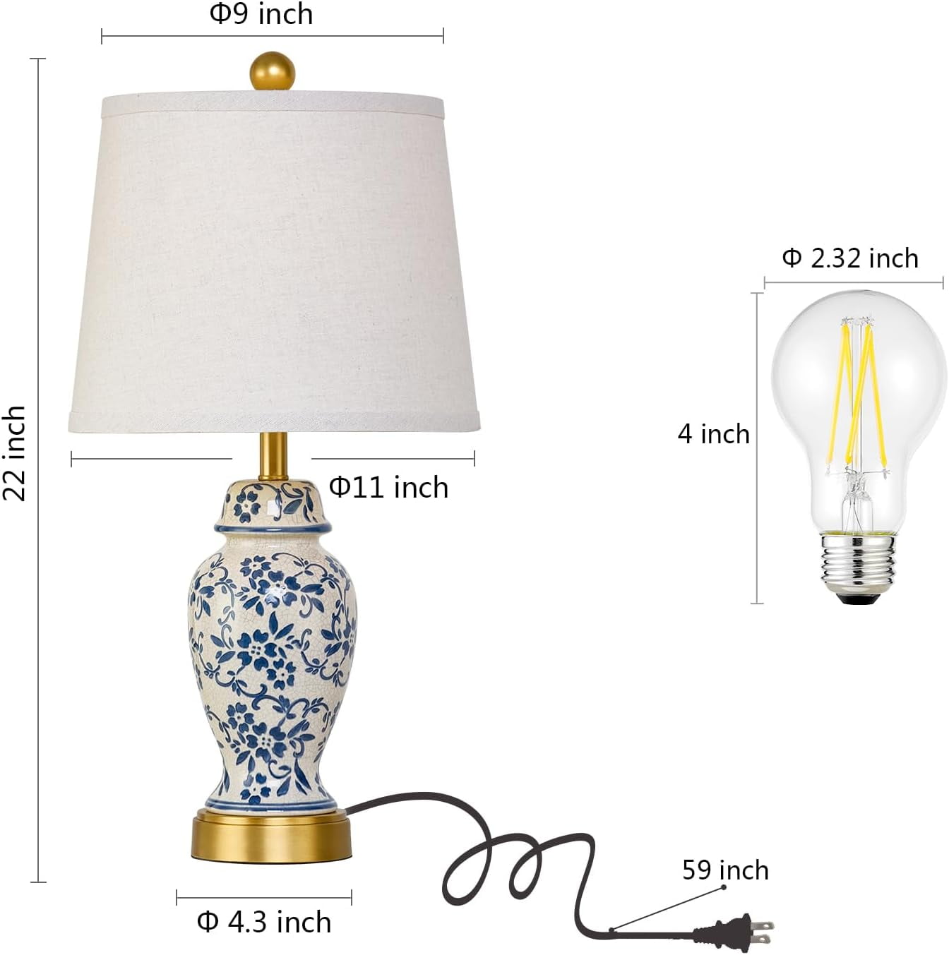 Ceramic Table Lamps Set of 2 for Living Room Bedroom Bedside, Traditional Blue and White Porcelain Classic Table Lamp for Nightstand Entryway, 2 LED Bulbs Included (Gold)