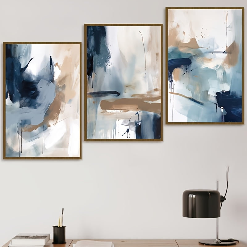 3-Piece Abstract Navy Blue Canvas Print Set, Modern Minimalist Frameless Wall Art Posters for Home and Living Room Decor