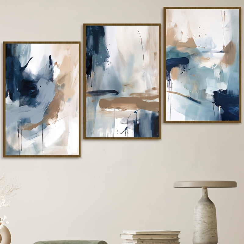3-Piece Abstract Navy Blue Canvas Print Set, Modern Minimalist Frameless Wall Art Posters for Home and Living Room Decor