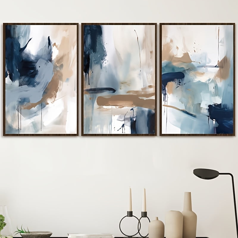 3-Piece Abstract Navy Blue Canvas Print Set, Modern Minimalist Frameless Wall Art Posters for Home and Living Room Decor