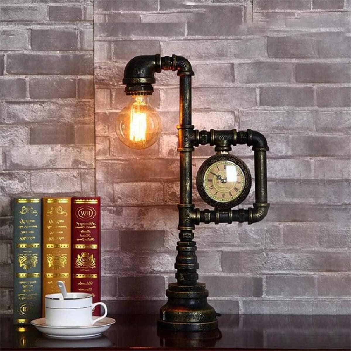 Retro Water Pipe Table Lamp for Bedroom, Vintage Steampunk Desk Lamp with Clock Plug-in Table Light Nightstand Lamp E26 60W Max for Living Room