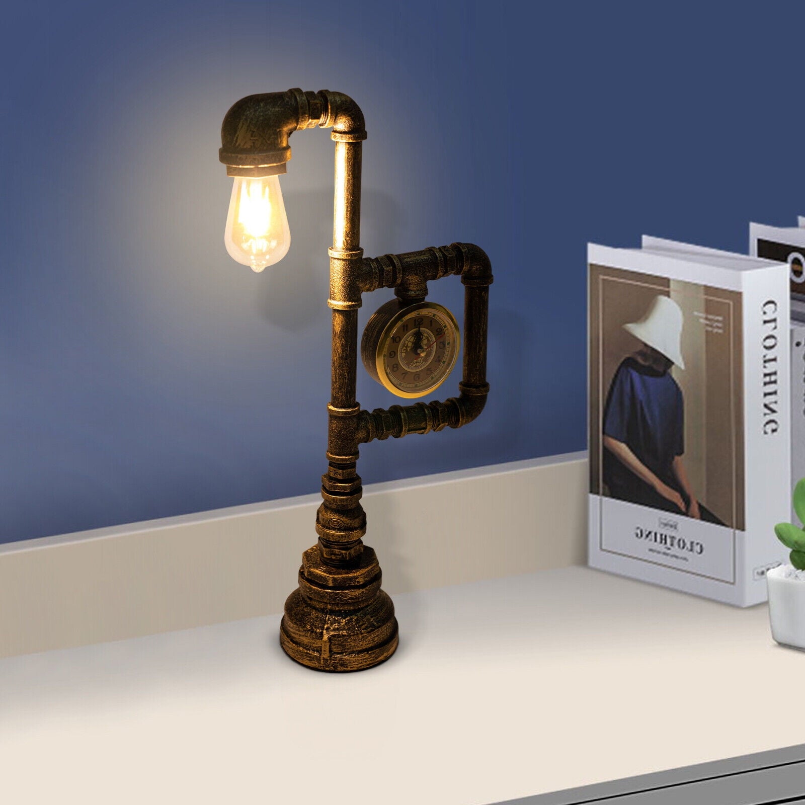 Retro Water Pipe Table Lamp for Bedroom, Vintage Steampunk Desk Lamp with Clock Plug-in Table Light Nightstand Lamp E26 60W Max for Living Room