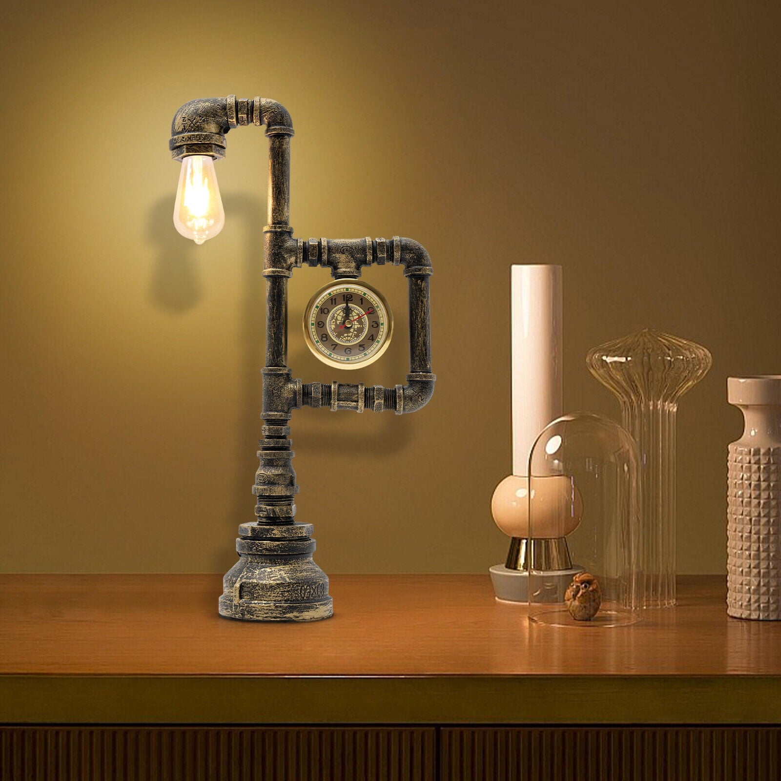 Retro Water Pipe Table Lamp for Bedroom, Vintage Steampunk Desk Lamp with Clock Plug-in Table Light Nightstand Lamp E26 60W Max for Living Room