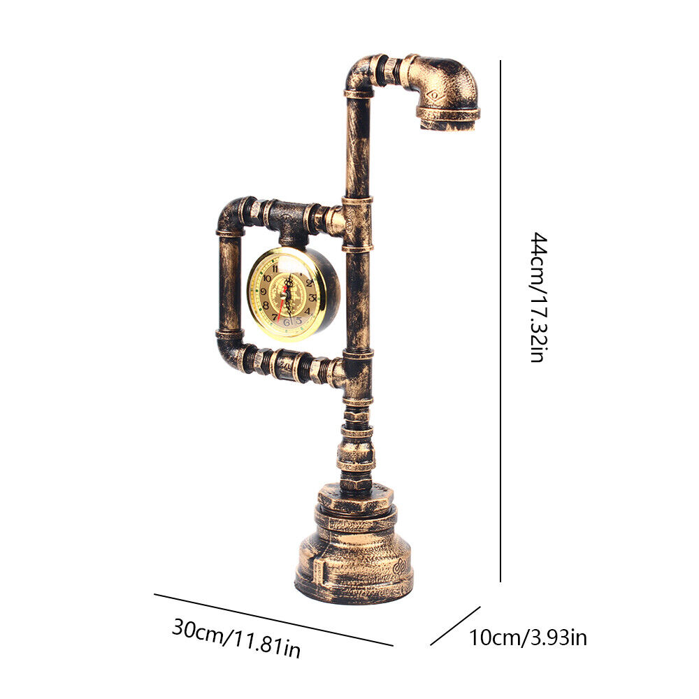 Retro Water Pipe Table Lamp for Bedroom, Vintage Steampunk Desk Lamp with Clock Plug-in Table Light Nightstand Lamp E26 60W Max for Living Room