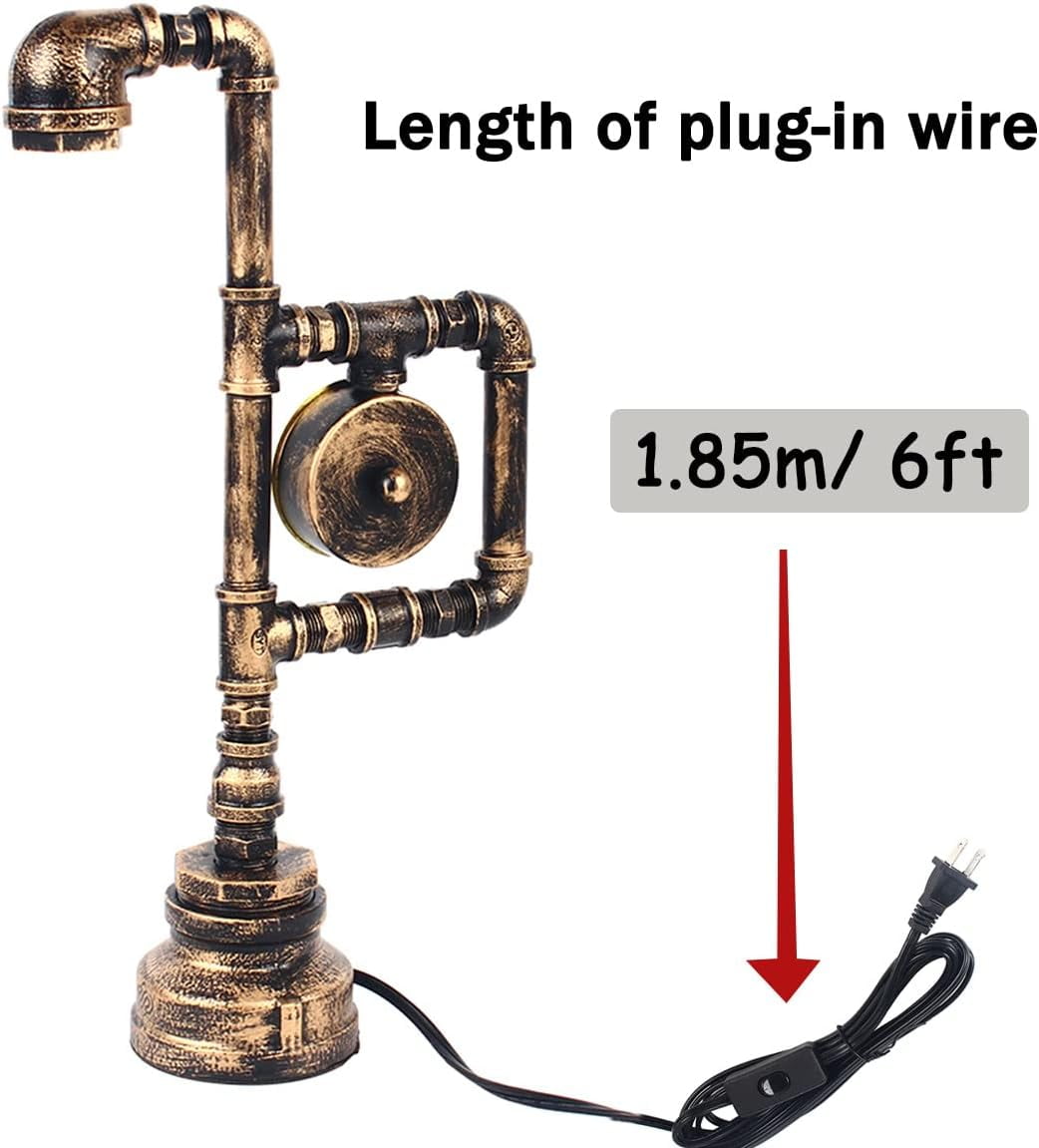 Retro Water Pipe Table Lamp for Bedroom, Vintage Steampunk Desk Lamp with Clock Plug-in Table Light Nightstand Lamp E26 60W Max for Living Room