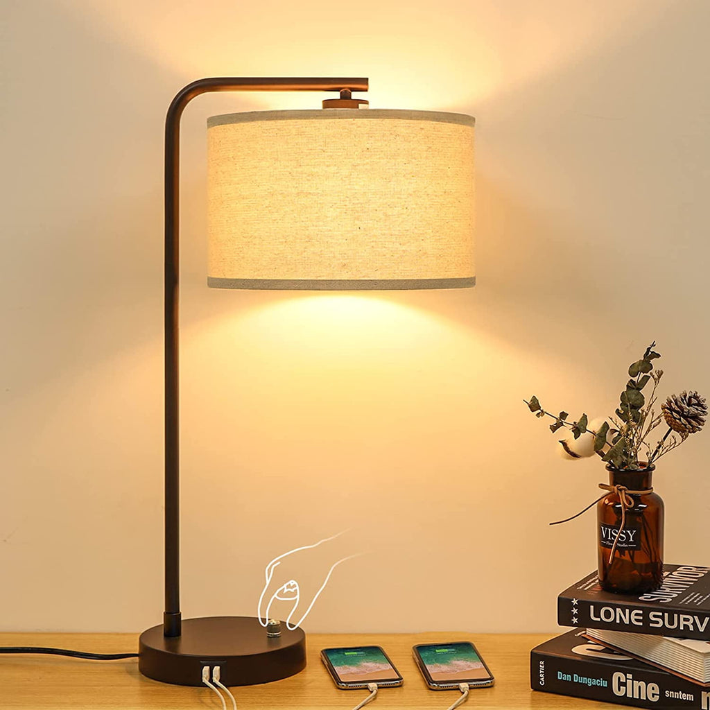 Side Table Lamp with Dual USB Ports, Dimmable Bedside Lamp Modern Nightstand Lamp Desk Reading Lamp with Linen Lampshade for Bedroom, Living Room, Study Room, Office, 9W 3000K LED Bulb Included