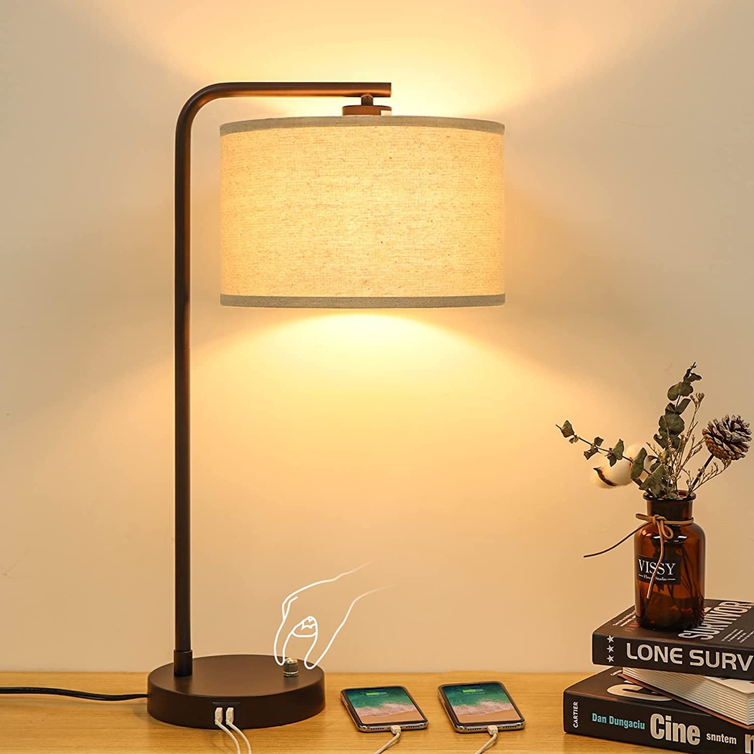 Side Table Lamp with Dual USB Ports, Dimmable Bedside Lamp Modern Nightstand Lamp Desk Reading Lamp with Linen Lampshade for Bedroom, Living Room, Study Room, Office, 9W 3000K LED Bulb Included