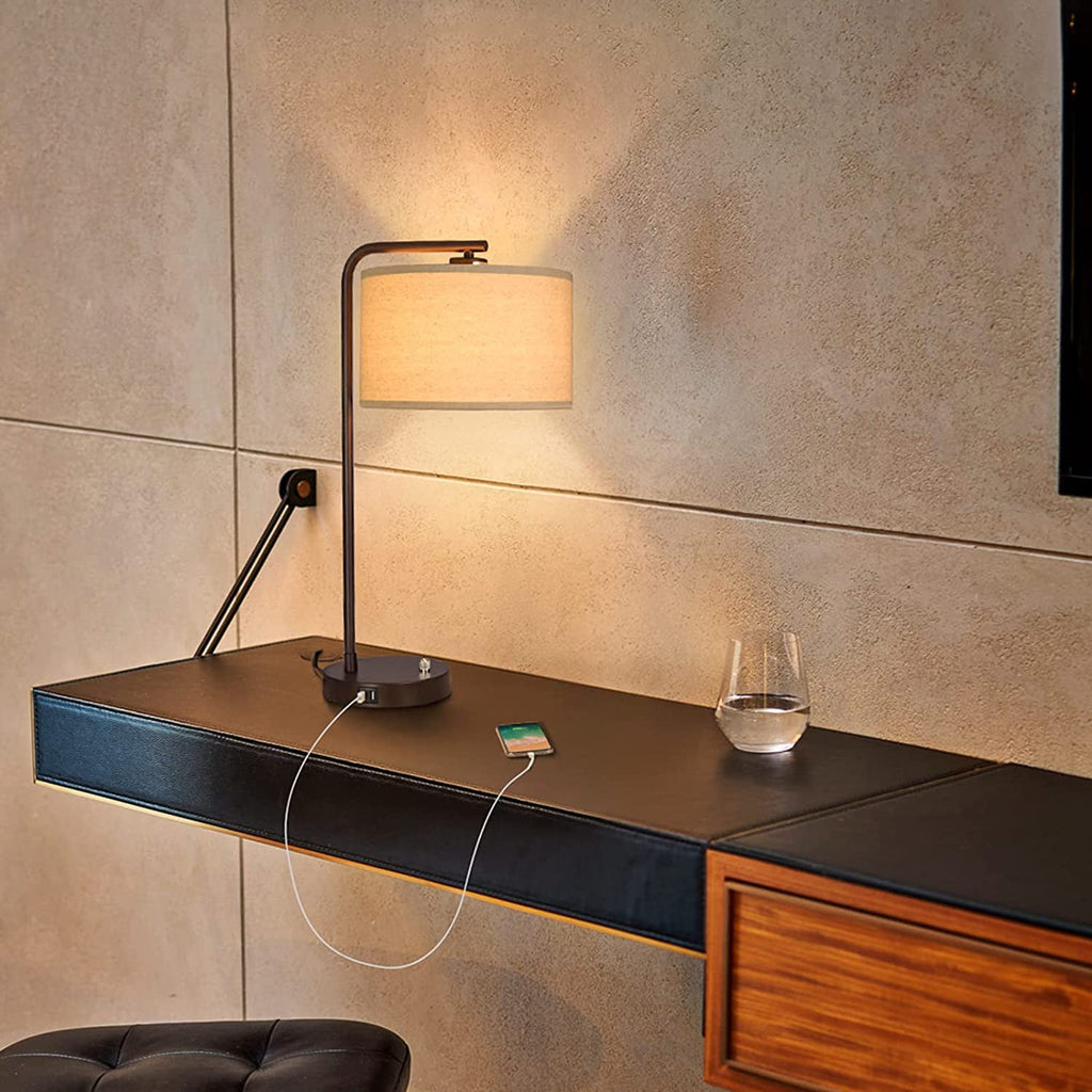 Side Table Lamp with Dual USB Ports, Dimmable Bedside Lamp Modern Nightstand Lamp Desk Reading Lamp with Linen Lampshade for Bedroom, Living Room, Study Room, Office, 9W 3000K LED Bulb Included