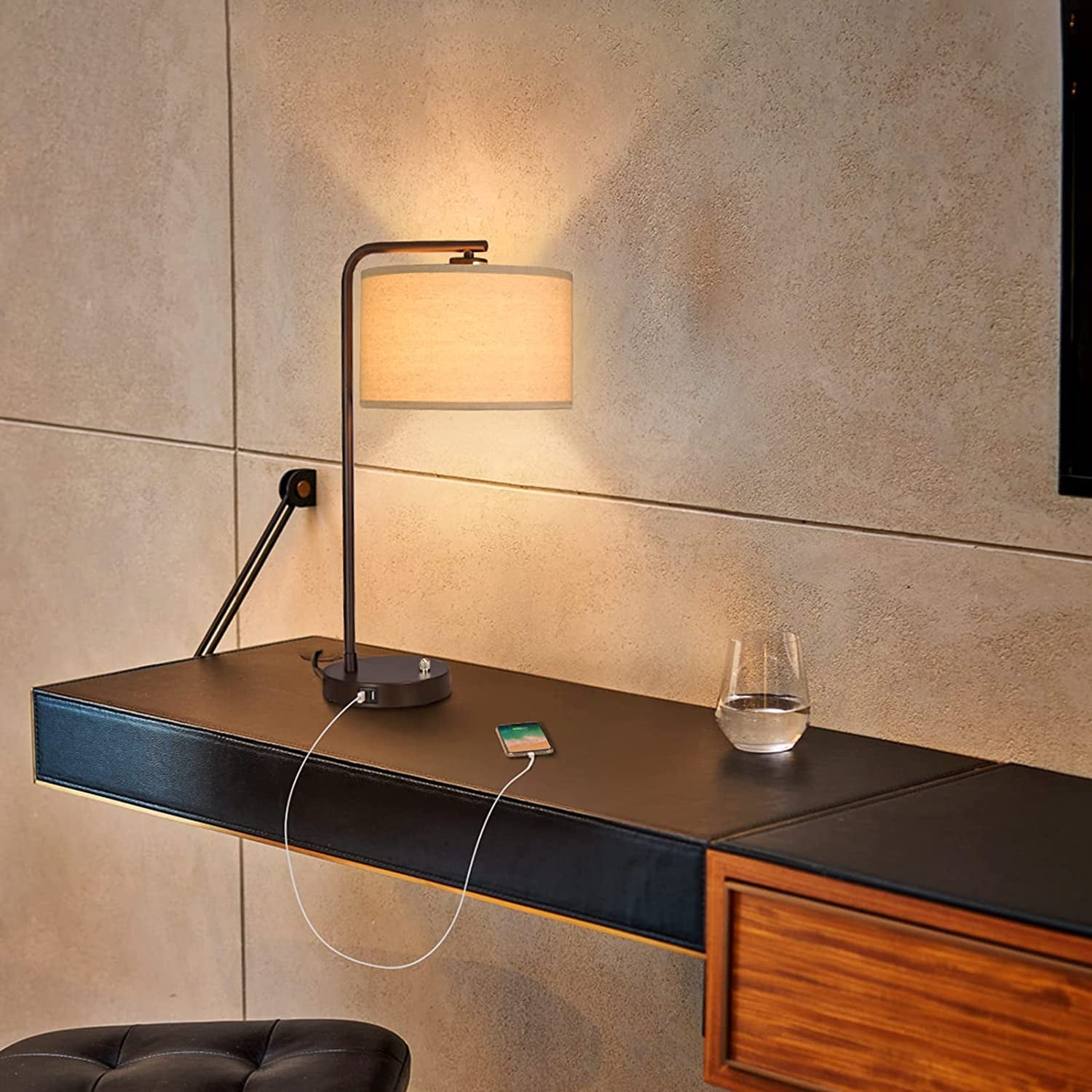 Side Table Lamp with Dual USB Ports, Dimmable Bedside Lamp Modern Nightstand Lamp Desk Reading Lamp with Linen Lampshade for Bedroom, Living Room, Study Room, Office, 9W 3000K LED Bulb Included