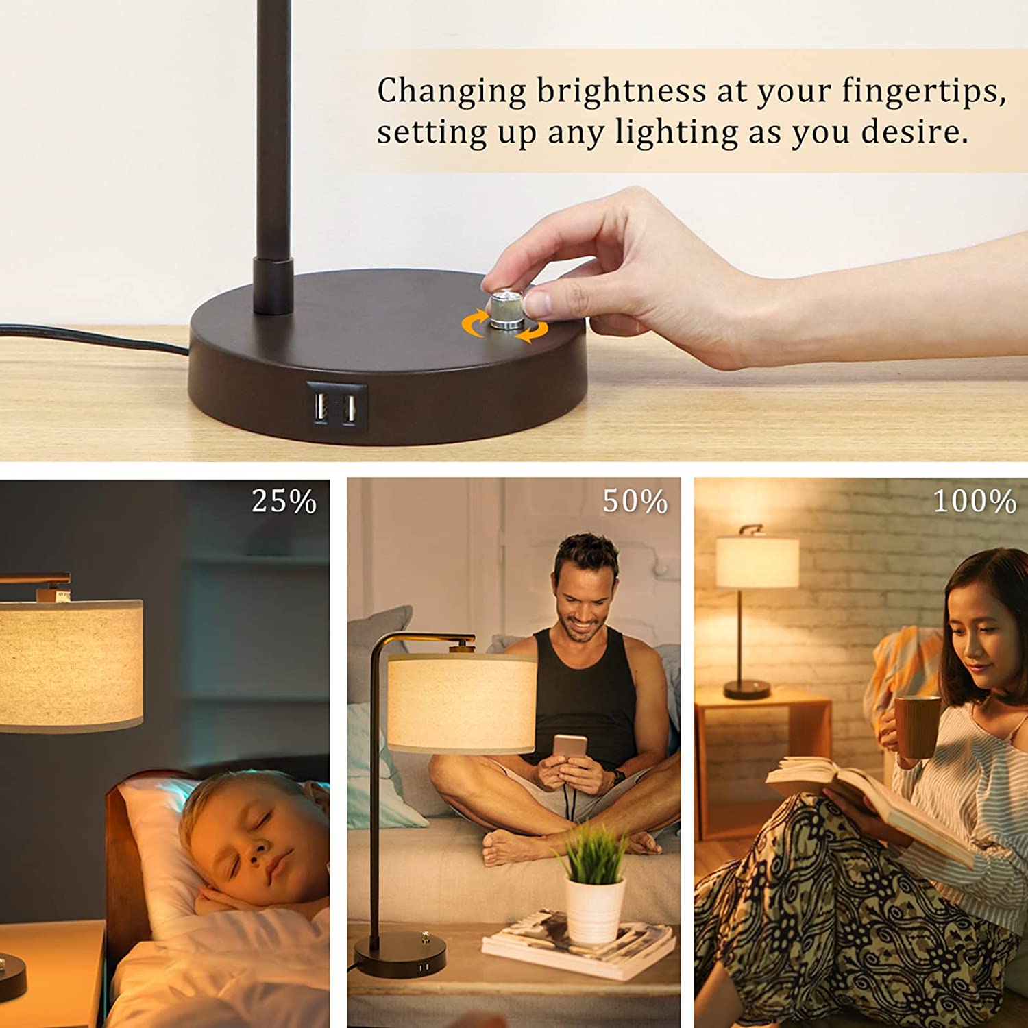 Side Table Lamp with Dual USB Ports, Dimmable Bedside Lamp Modern Nightstand Lamp Desk Reading Lamp with Linen Lampshade for Bedroom, Living Room, Study Room, Office, 9W 3000K LED Bulb Included