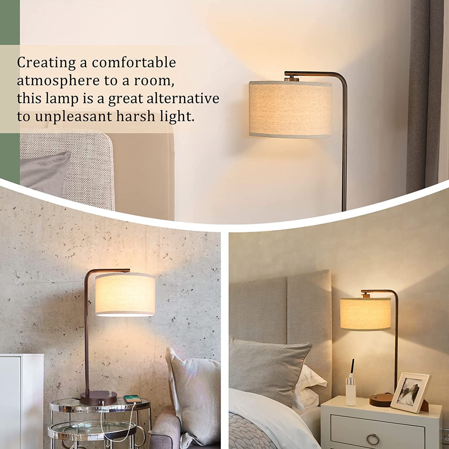 Side Table Lamp with Dual USB Ports, Dimmable Bedside Lamp Modern Nightstand Lamp Desk Reading Lamp with Linen Lampshade for Bedroom, Living Room, Study Room, Office, 9W 3000K LED Bulb Included