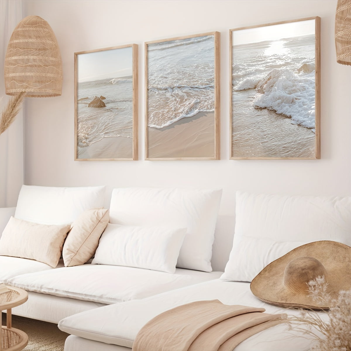 3pcs Boho Neutral Beige Seaside Beach Coastal Scenery Canvas Wall Art Prints, Ocean Poster, Modern Art, Sunset Seaside Print, Natural Scenery Wall Decor, Ideal Gift for Bedroom Living Room Corridor,