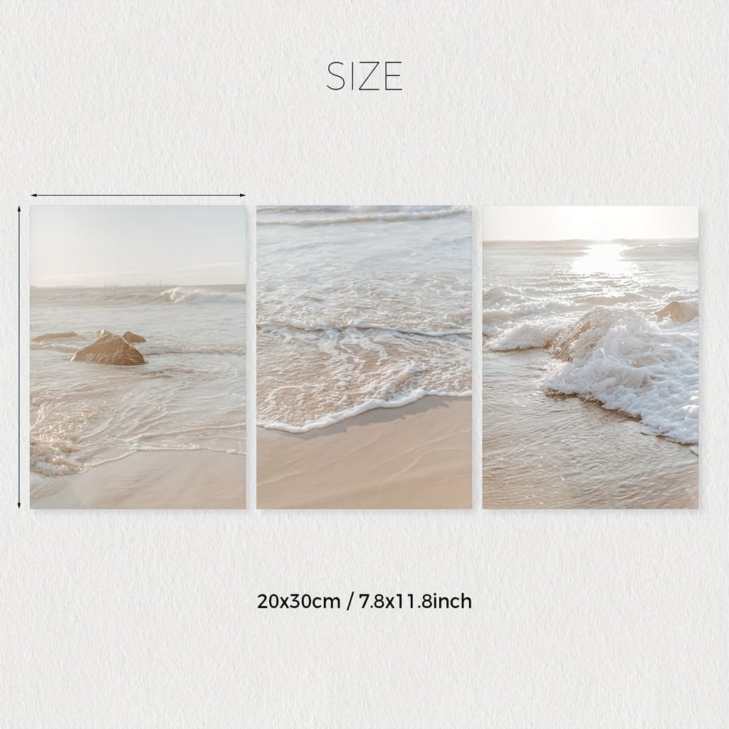 3pcs Boho Neutral Beige Seaside Beach Coastal Scenery Canvas Wall Art Prints, Ocean Poster, Modern Art, Sunset Seaside Print, Natural Scenery Wall Decor, Ideal Gift for Bedroom Living Room Corridor,