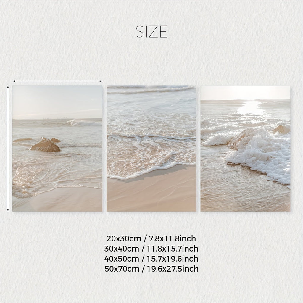 3pcs Boho Neutral Beige Seaside Beach Coastal Scenery Canvas Wall Art Prints, Ocean Poster, Modern Art, Sunset Seaside Print, Natural Scenery Wall Decor, Ideal Gift for Bedroom Living Room Corridor,